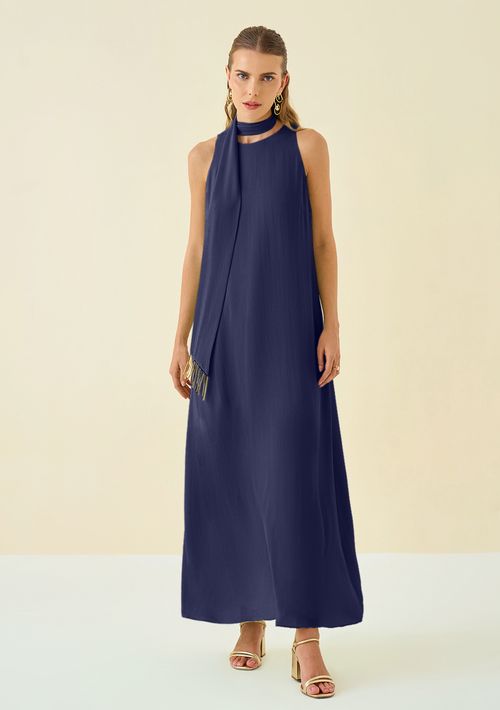 Vestido Maria.Valentina Solto Decote Careca Sem Manga Longo Azul Escuro