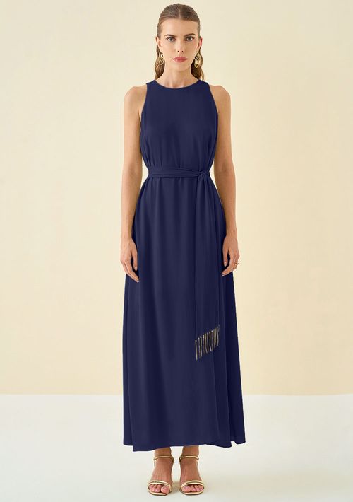 Vestido Maria.Valentina Solto Decote Careca Sem Manga Longo Azul Escuro