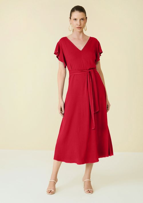 Vestido Maria.Valentina Solto Decote V Manga Curta Midi Vermelho