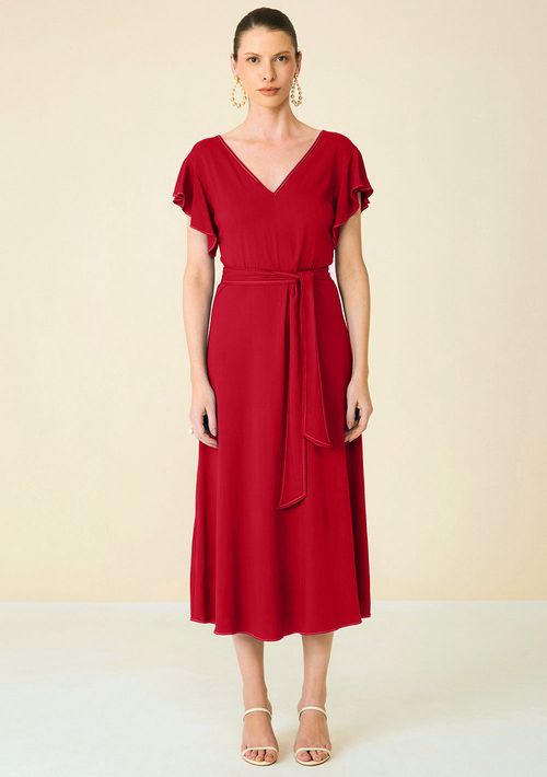 Vestido Maria.Valentina Solto Decote V Manga Curta Midi Vermelho