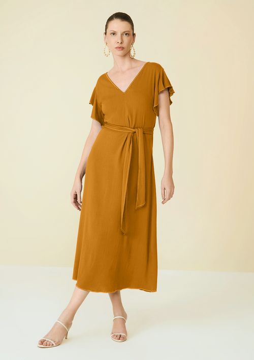 Vestido Maria.Valentina Solto Decote V Manga Curta Midi Marrom
