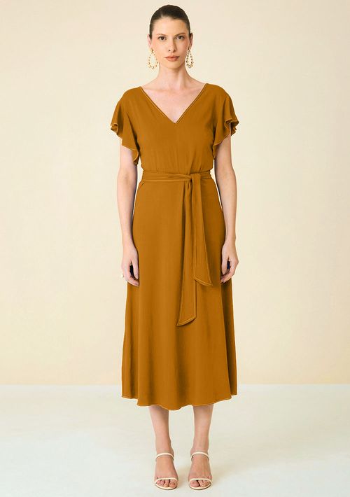 Vestido Maria.Valentina Solto Decote V Manga Curta Midi Marrom