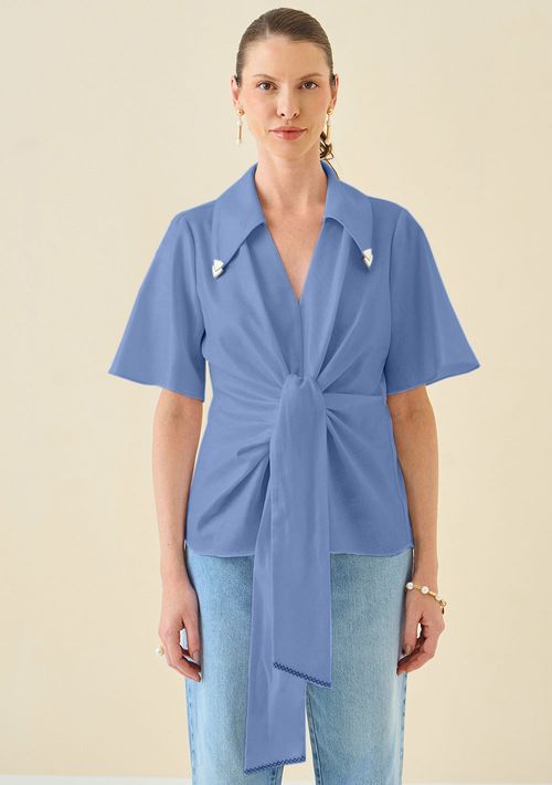 Blusa Maria.Valentina Solta Decote V Manga Curta Padrão Azul