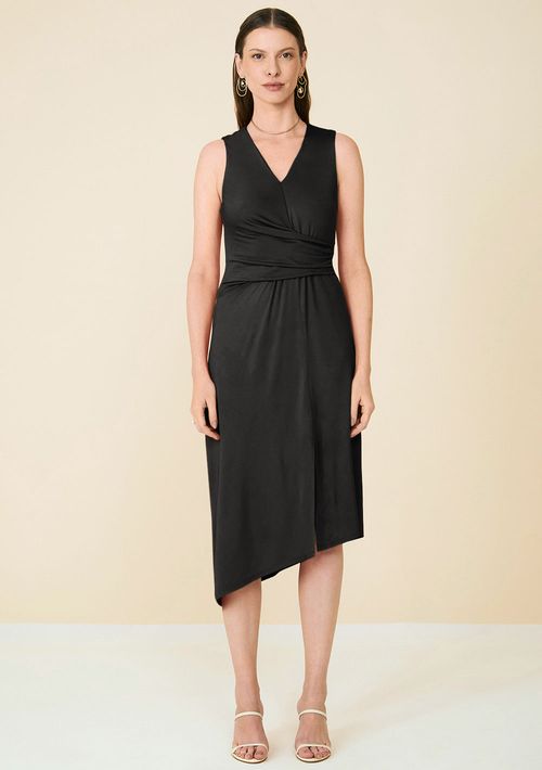 Vestido Maria.Valentina Ajustado Decote Transpassado Sem Manga Midi Preto