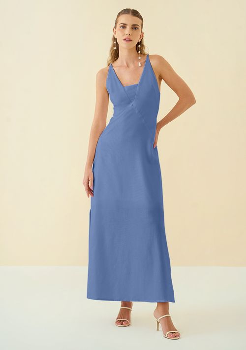 Vestido Maria.Valentina Ajustado Decote V Sem Manga Longo Azul