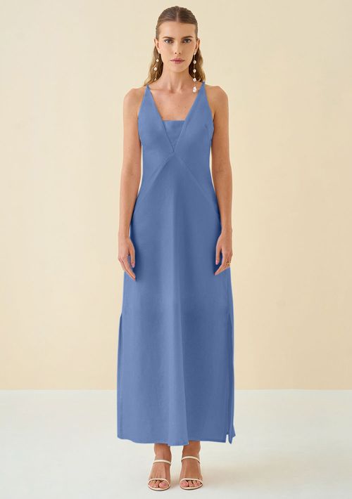Vestido Maria.Valentina Ajustado Decote V Sem Manga Longo Azul