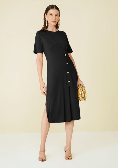 Vestido Maria.Valentina Ajustado Decote Careca Manga Curta Midi Preto