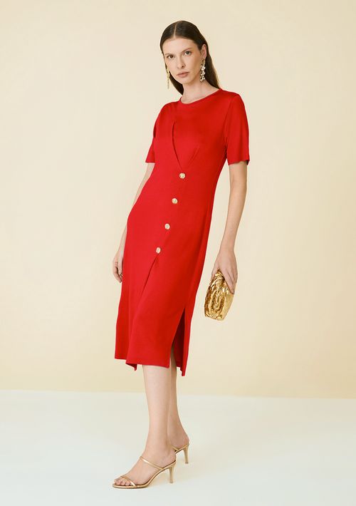 Vestido Maria.Valentina Ajustado Decote Careca Manga Curta Midi Vermelho