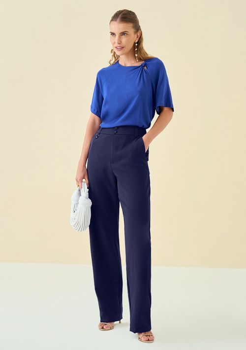 Calça Maria.Valentina Reta Alfaiataria Cós Intermediário Bolso Faca Azul Marinho