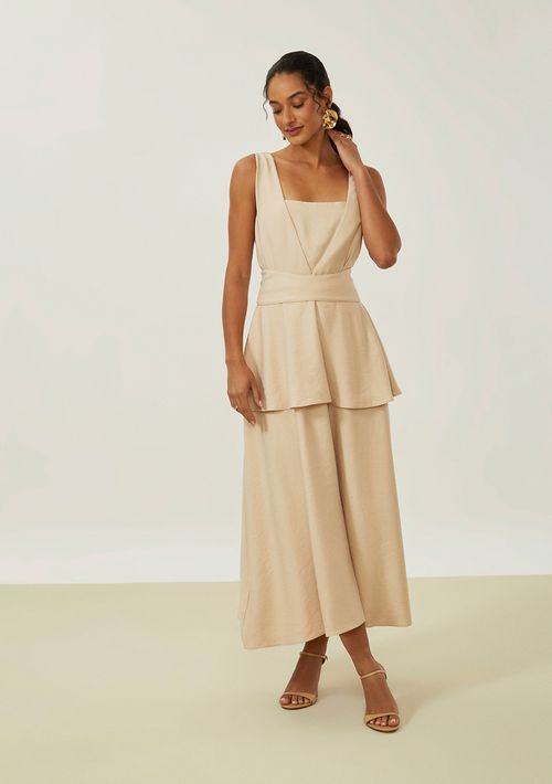 Vestido Maria.Valentina Ajustado Decote V Sem Manga Midi Bege