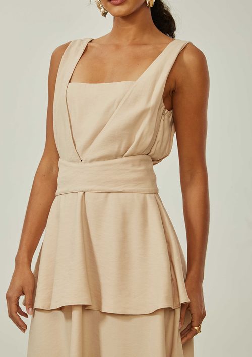 Vestido Maria.Valentina Ajustado Decote V Sem Manga Midi Bege