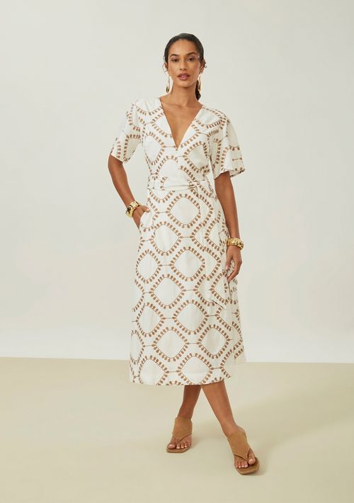 Vestido Maria.Valentina Solto Decote V Manga Curta Midi Off White