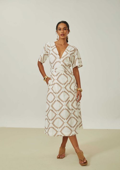 Vestido Maria.Valentina Solto Decote V Manga Curta Midi Off White