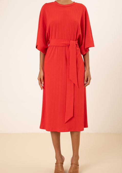 Vestido Maria.Valentina Solto Decote Careca Manga Curta Midi Vermelho