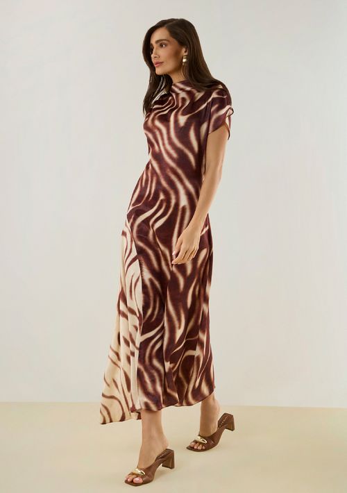 Vestido Maria.Valentina Ajustado Gola Alta Manga Curta Midi Marrom