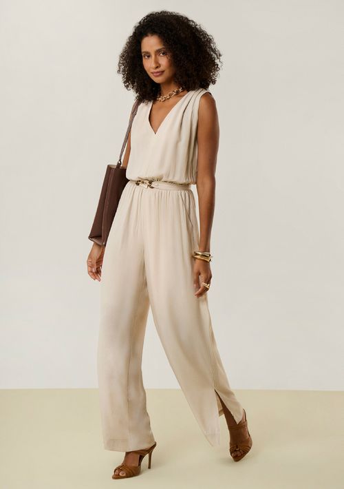 Macacão Maria.Valentina Solto Decote V Sem Manga Longo Bege