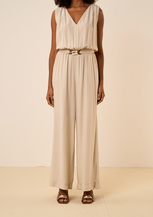 Macacão Maria.Valentina Solto Decote V Sem Manga Longo Bege