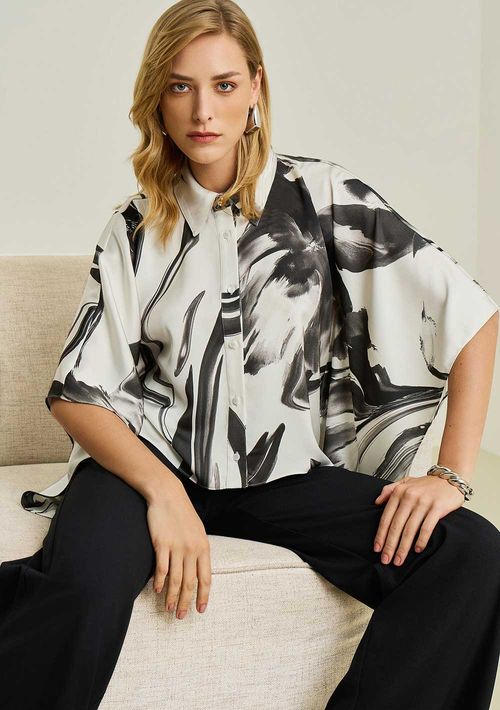 Camisa Maria.Valentina Solta Gola Tradicional Manga Longa Padrão Preto