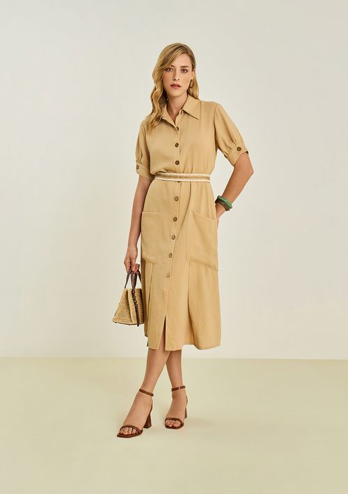 Vestido Maria.Valentina Ajustado Gola Clássica Manga Curta Longo Bege