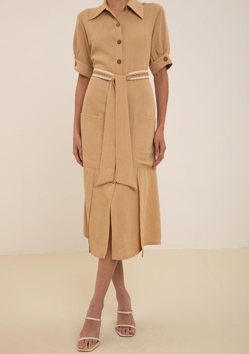 Vestido Maria.Valentina Ajustado Gola Clássica Manga Curta Longo Bege