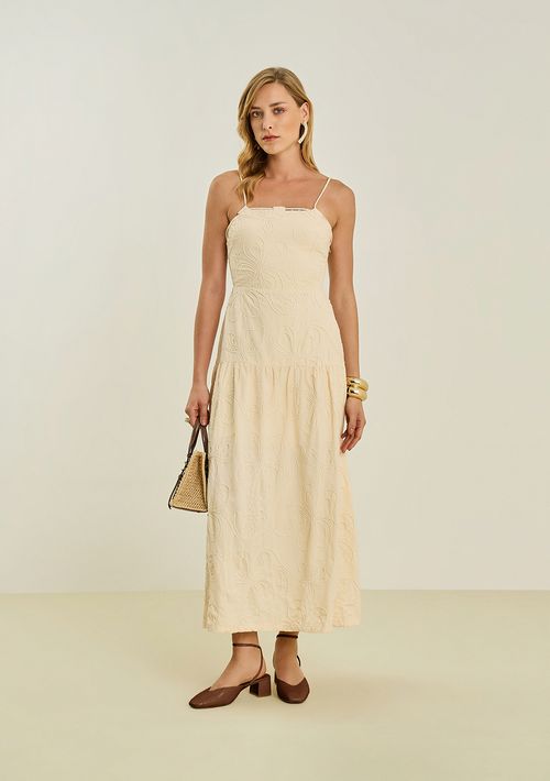 Vestido Maria.Valentina Ajustado Decote Reto Sem Manga Midi Bege