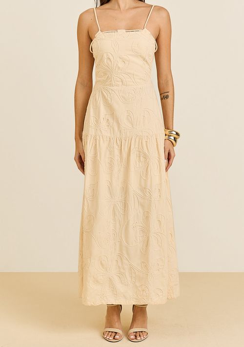 Vestido Maria.Valentina Ajustado Decote Reto Sem Manga Midi Bege