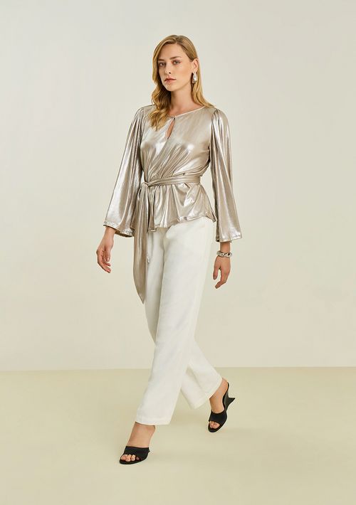 Blusa Maria.Valentina Solta Decote Careca Manga Longa Padrão Prata