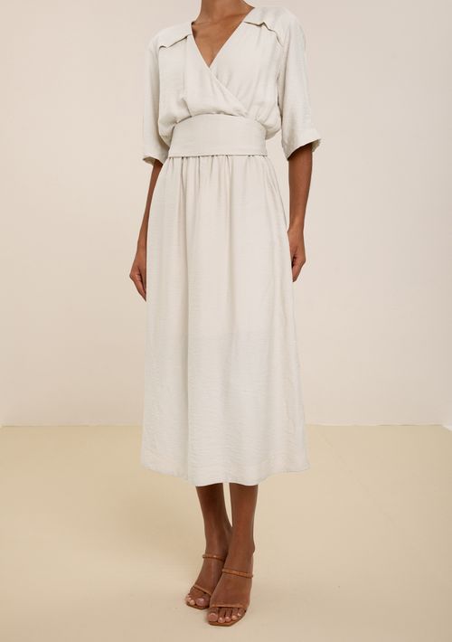 Vestido Maria.Valentina Solto Decote Transpassado Manga Longa Midi Off White