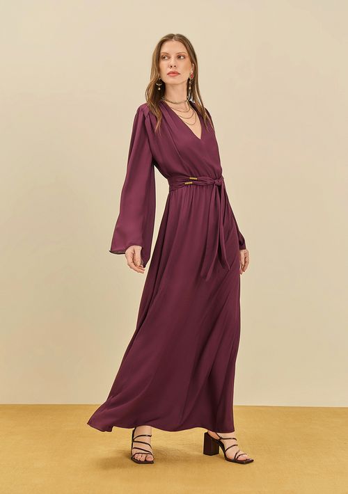Vestido Maria.Valentina Solto Decote V Manga Longa Longo Bordo